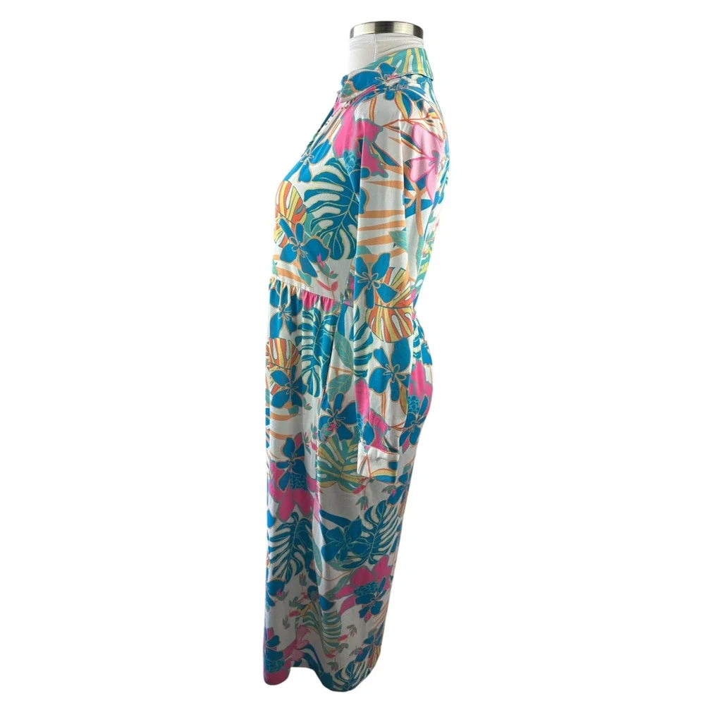 Tolani Long Sleeve Collared Maxi Dress W/ Pockets Tropical Print XS Oversized - Picture 11 of 14